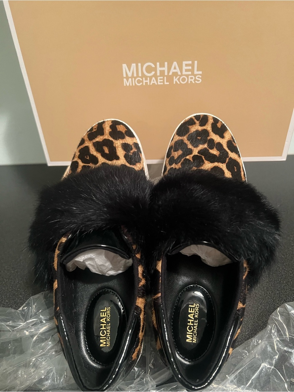 MICHAEL Michael Kors Leopard Sneakers Moccasins with Black Fur Trim